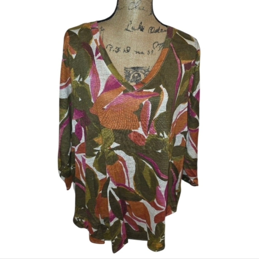 Tahari 100% Linen Multicolor Floral Fall V-Neck 3/4 Sleeve Top Shirt Plus 2X New